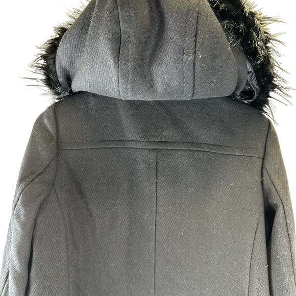 Cole Haan Black Faux Fur Trim Hooded Wool Long Duffle Pea Coat Womens Size 8 - Picture 12 of 16
